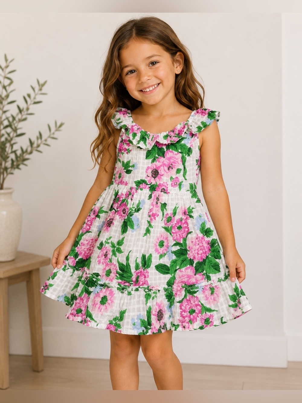 Janie and Jack Floral Ruffle Dress Girls 3 Pink Green White Gingham Spring Dress